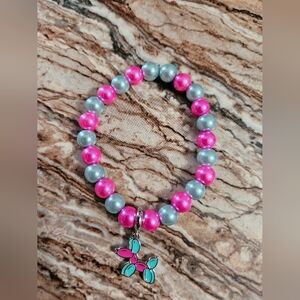 Handmade Pink and Light Blue Beaded Bracelet with Balloon Dog Charm